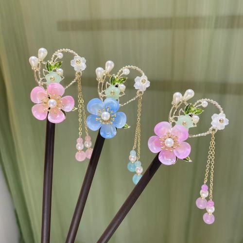 古风汉服头饰盘发木簪花朵流苏步摇黑檀木发簪中国风挽发女簪子