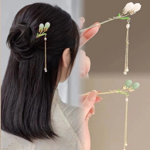 新中式青冻色花朵簪子流苏步摇发簪古风高级感古典旗袍盘发钗子