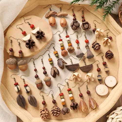 原创中药耳环森系橡果非遗手作中草药植物果实标本民族风耳夹耳饰