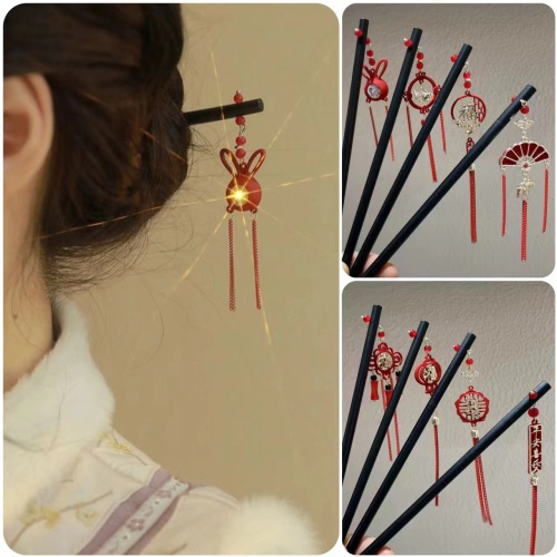 新年红色流苏发簪新中式旗袍簪子高级感中秋木簪古风汉服发钗发饰