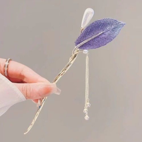 发簪紫色树叶金属发簪女高级感丸子头盘发簪子新中式现代发钗头饰