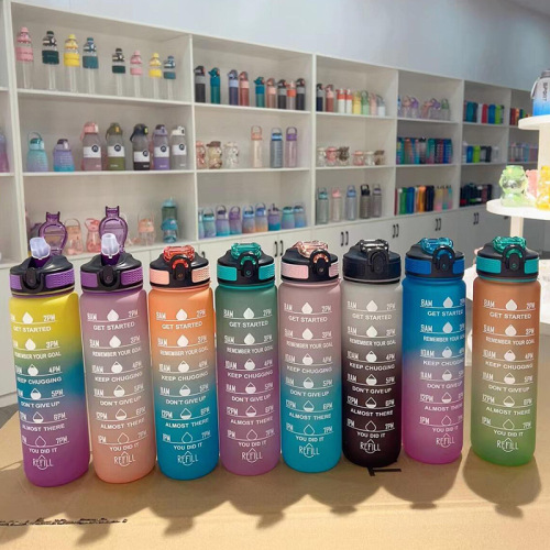 厂家批发亚马逊塑料杯 简约时尚渐变水杯 户外运动吸管杯提绳水杯