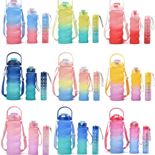 新款渐变色双饮三件套大容量水瓶便携提手塑料水杯户外运动水壶