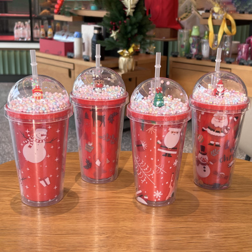 跨境新款碎冰杯卡通圣诞老人双层冰裂塑料杯便携吸管杯节日礼品杯
