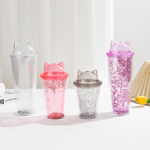跨境新款双层塑料吸管杯厂家批发创意可爱猫耳朵亮片闪片杯随手杯