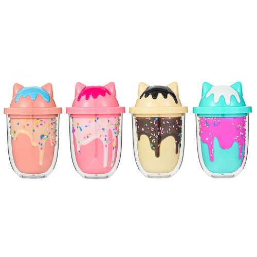 外贸新款卡通情侣吸管杯批发创意网红冰淇淋猫耳朵水杯双层塑料杯