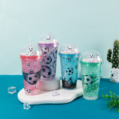 外贸热销足球水杯批发网红大容量便携双层塑料吸管杯创意礼品杯子