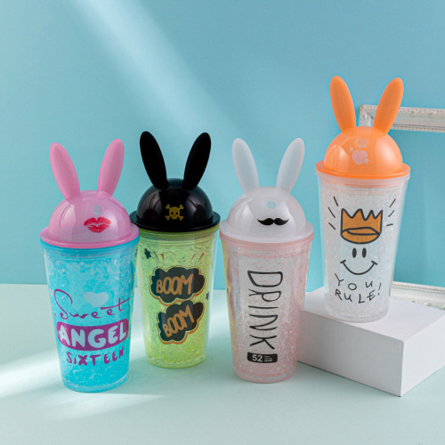 外贸新款冰裂碎冰杯高颜值可爱卡通兔子杯夏日网红双层塑料吸管杯