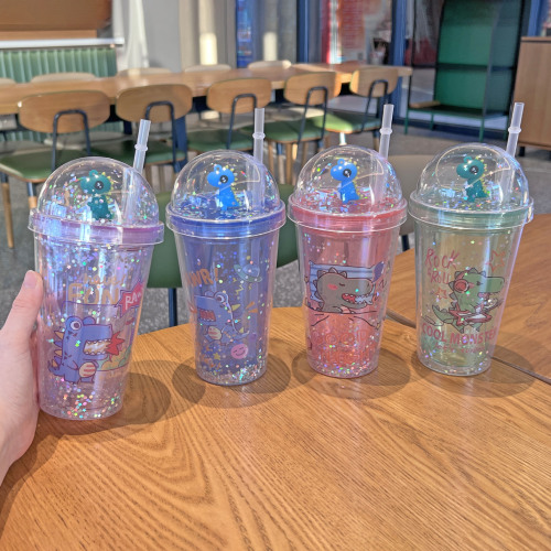 外贸新款碎冰杯批发高颜值水杯双层塑料观景杯卡通小恐龙吸管杯子