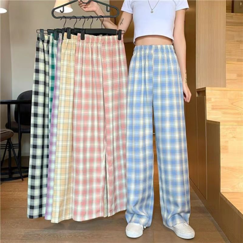 spring and summer thin plaid pants women‘s new korean style loose slimming wide-leg pants all-matching straight casual pants trendy