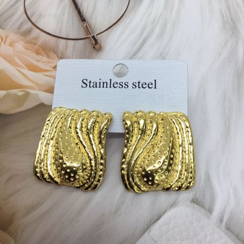 ins高级感钛钢锤纹耳环女时尚个性不锈钢方形纹理耳钉镀18k金耳饰