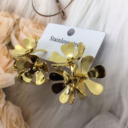 金色夸张花朵c型圈圈耳环冷淡风复古时尚高级感耳饰耳钉