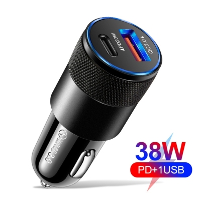 38W Qc3.0 + PD Dual Line Fast Charge Vehicle-Mounted Mobile Phone Charger Type-C Car Charger Car Charger Car Cigarette Lighter