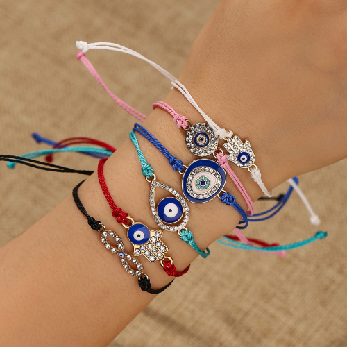 2023合金吊坠编织手绳智慧之眼多层手串创意恶魔之眼手掌手链批发