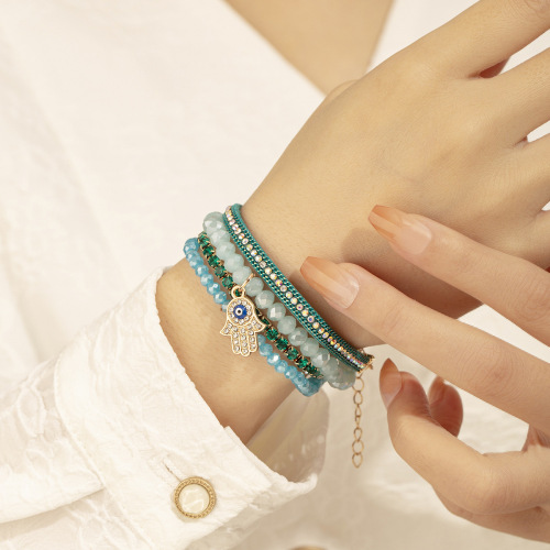 亚马逊跨境多层手串合金恶魔之眼吊坠水晶珠珠托帕石手链手饰饰品