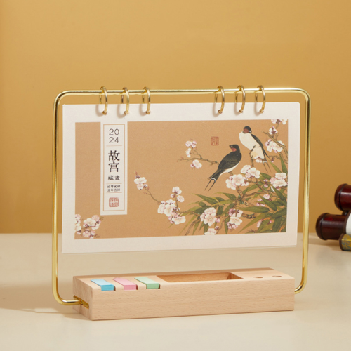 2024 High-End Solid Wood Desk Calendar Iron Wooden Base Calendar Dragon Year Classical Chinese Style National Fashion Calendar Imperial Palace