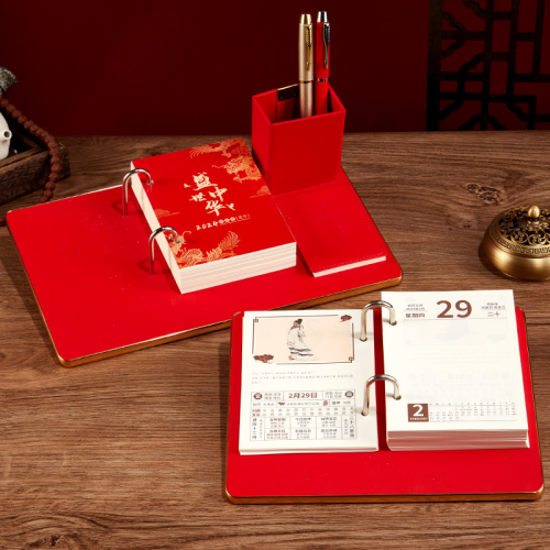 2024 Leather Pen Holder Note Desk Calendar Custom Retro Single Calendar Business Office Custom Dragon Year Desktop Decoration