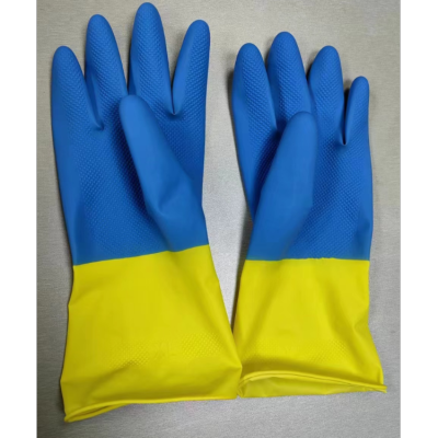 Foreign Trade Blue and Yellow Two-Color Waterproof Non-Slip Rubber Gloves Wear-Resistant Durable Spray Velvet Latex Dishwashing Household Gloves