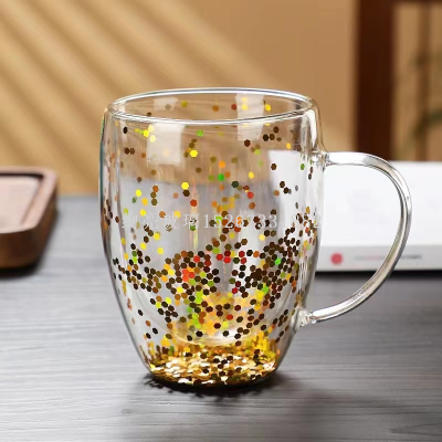 Heat-Resistant Sequins Double-Layer Cup Creative Anti-Scald Insulated Cup Borosilicate Water Cup with Handle Juice Cup