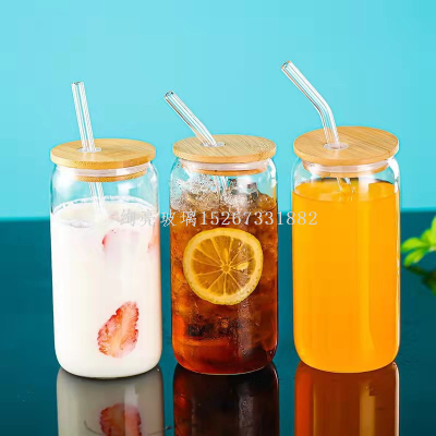 Borosilicate Cup with Straw Bamboo Cover Coke Cup Heat-Resistant Transparent Net Red Milky Tea Cup Juice Cup