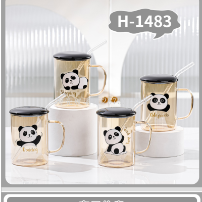 Borosilicate Gold Glass Panda Cup Heat-Resistant Creative Tea Cup Gray Bear Cup with Spoon