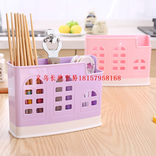 3028 new chopsticks cage plastic three-seat creative hollow-out cottage shape chopsticks storage rack draining tableware cage