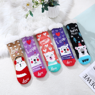 Adult Lady Straight Cute Bear Warm Non-Slip Room Socks out of Europe Russia South America Factory Direct Sales