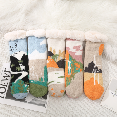 Women's Silk Yarn Landscape Pattern Warm Indoor Room Socks Factory Direct Sales out of South America Europe Russia America