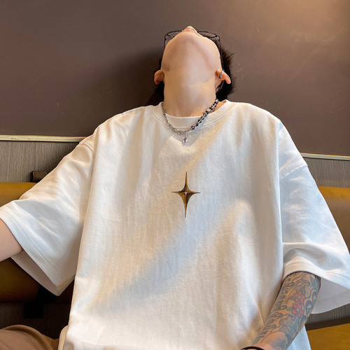 white short-sleeved t-shirt men‘s summer fashion brand american high street loose casual couple trend five-point cotton clothes t