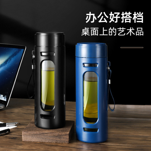 zhejiang large capacity double layer glass cup male and female portable shatter proof portable cup double insulation tea water separation plastic glass cup