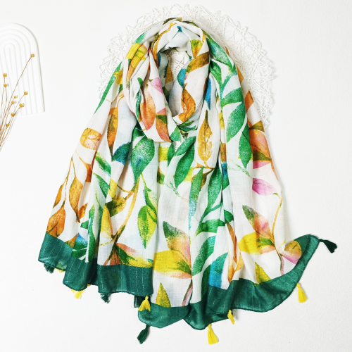 ladies silver silk leaves printed tassel scarf can be used as holiday beach towel
