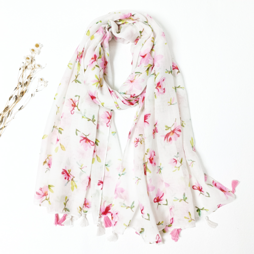 Cotton and Linen Feel Spring and Summer Small Floral Tassel Scarf Shawl Beach Towel