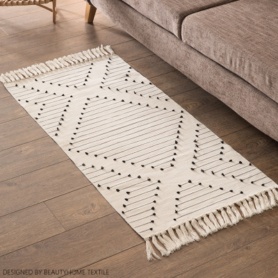 Cotton and Linen Floor carpet Black White Color Cut Flower Bedside Foot Mat Hand Knotted Tassel Bedroom Floor rug