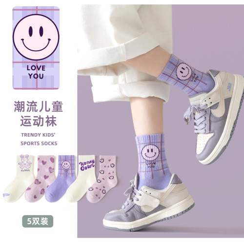 24儿童袜子春秋棉袜中筒袜女童ins运动袜中大童笑脸字母潮袜批发
