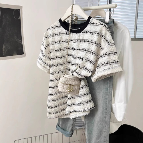 撞色条纹正肩短袖t恤女夏季2025新款设计感小众半袖体恤宽松上衣