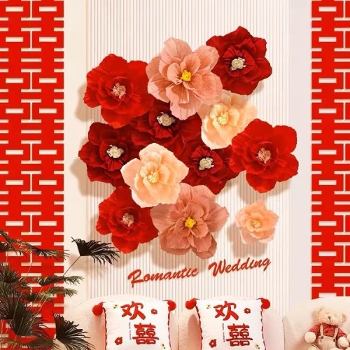 婚房褶皱花立体皱纹纸花装饰新房床头卧室背景墙布置婚庆用品结婚