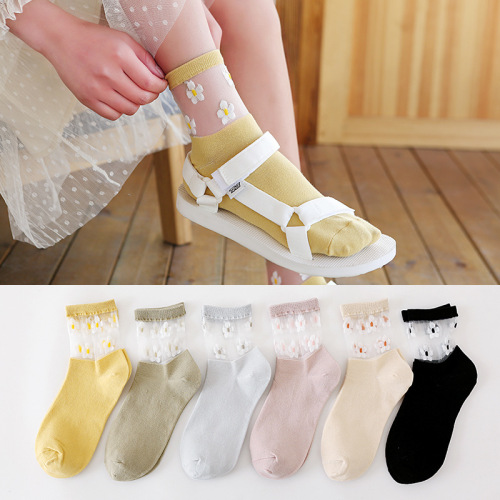 女袜春夏新品ins玻璃丝袜 清新雏菊卡丝袜学院中筒袜轻薄透气短袜