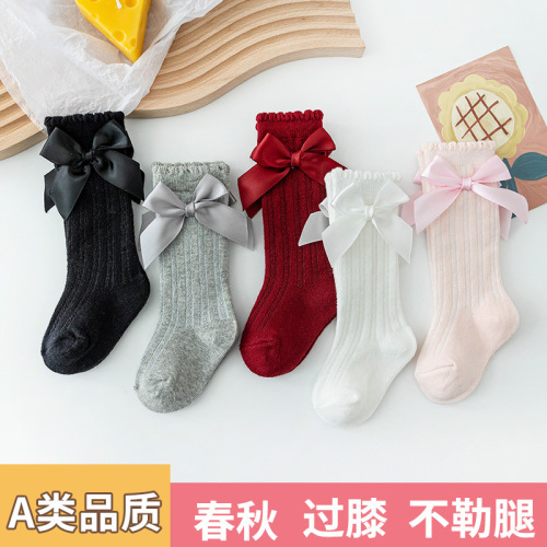女童夏季薄款纯色条纹长筒日系可爱蝴蝶结中筒袜堆堆袜儿童花边袜