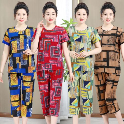 妈妈睡衣老太太夏装中老年人妈妈装夏季女装短袖T恤套装奶奶装