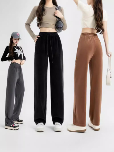 高密绒冬季直筒裤宽松阔腿裤窄版休闲拖地裤高腰垂感裤子丝绒长裤