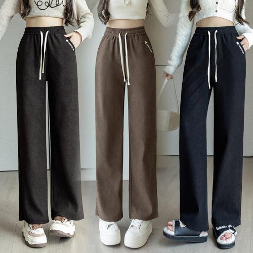 新款休闲直筒裤宽松阔腿裤秋冬女士长裤高腰加绒加厚裤子显高女裤
