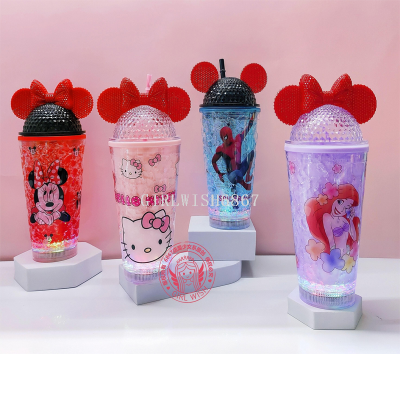 Cross-Border New Arrival Summer Mickey Minnie Diamond Cover Crushed Ice Cup Drink Cup Creative Cup Cup with Straw Spot Stock