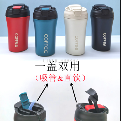 American New 304 Stainless Steel Coffee Cup Vacuum Double Drink Thermos Cup with Straw Flip Cup Gift Wholesale
