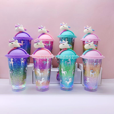 Factory Wholesale Water Cup Unicorn Ice Cup Refrigeration Ins Girl Student Double Plastic Straw Cup Tumbler