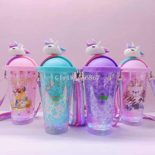 factory wholesale water cup bear unicorn ice cup refrigeration ins girl double-layer plastic straw cup handy cup