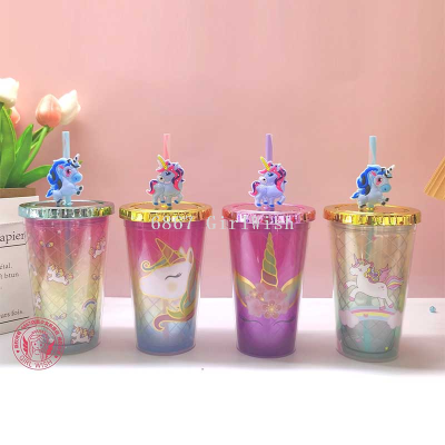 Cross-Border Factory Direct Sales Electroplating Flat Lid Summer Water Glass Double-Layer Plastic Cup Creative Accessories Cartoon Student Straw Cup