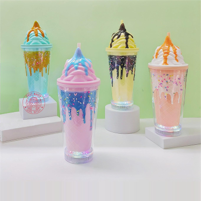 Cross-Border Factory Direct Sales New Cup Cartoon Drinking Cup Double-Layer Plastic Cup Ice Cream Series Student Straw Cup
