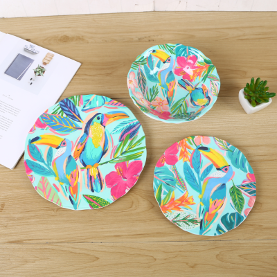 Creative Imitation Porcelain Texture Melamine Plate Toucan Plant Painted Melamine Tableware Source Factory Processing Customization