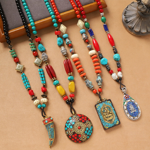 original tibetan retro long necklace exotic ethnic style nepal pendant turquoise woven men and women niche accessories
