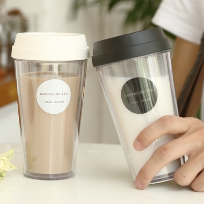 Korean-Style Simple Double-Layer Insulated Transparent Coffee Cup Milk Tea Cup Men and Women Large Capacity Push Cover Plastic Water Cup Household